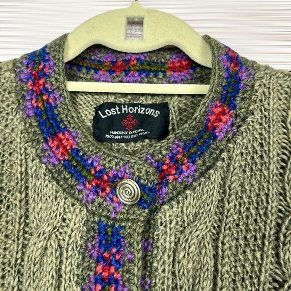 Lost Horizons Nepal Olive Green Wool Nordic Hand Knitted Cardigan Sweater L - Picture 5 of 12